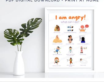 Printable Calm-Down Chart for Kids | "I Am Angry" feelings Poster | Emotional Regulation Chart | Homeschool | Classroom | Non Religious