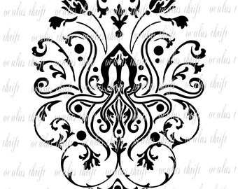 May include: A black and white damask design with floral and scroll elements. The symmetrical pattern features stylized flowers, leaves, and swirling lines, creating an elegant, vintage aesthetic. The design is set against a white background with the text "oculus thrift" repeated.
