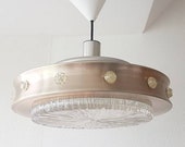 Vintage ufo pendant light with relief patterned clear glass, crystal chandelier