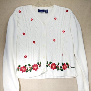 Women&#39;s Button-Up Cardigan Embroidered Sweater Size Large Liz Claiborne