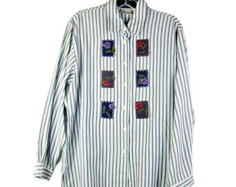 Striped Long Sleeve Women's Shirt, Button Down Blouse, Medium Embroidered Top, Napa Valley