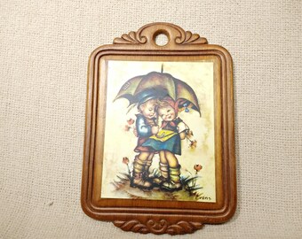 Hummel Wall Plaque Boy and Girl Under Umbrella Wooden Wall Decor