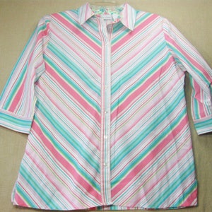 Vintage Multicolor Stripe 3/4 Sleeve Button Front Shirt Top Kim Rogers Size 12 Blouse