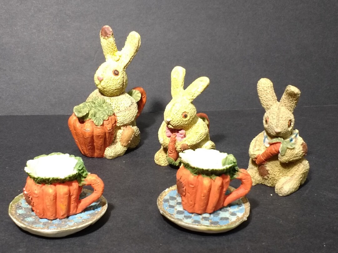 Miniature Bunny Tea Set, Easter Bunnies, Mini Dollhouse Fairy Garden Accessories, 9 Pieces Etsy