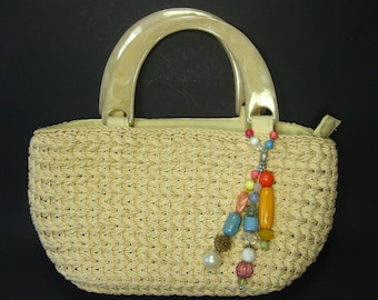 Vintage Cappelli Straw Purse, Straw Handbag, Summer Bag, Lucite Handles, Colorful Beads