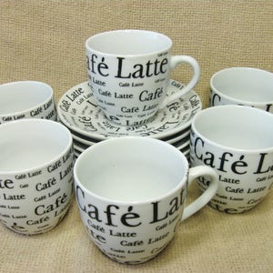 Vintage Espresso Cups and Saucers Set of 6 Black and White Cafe Latte