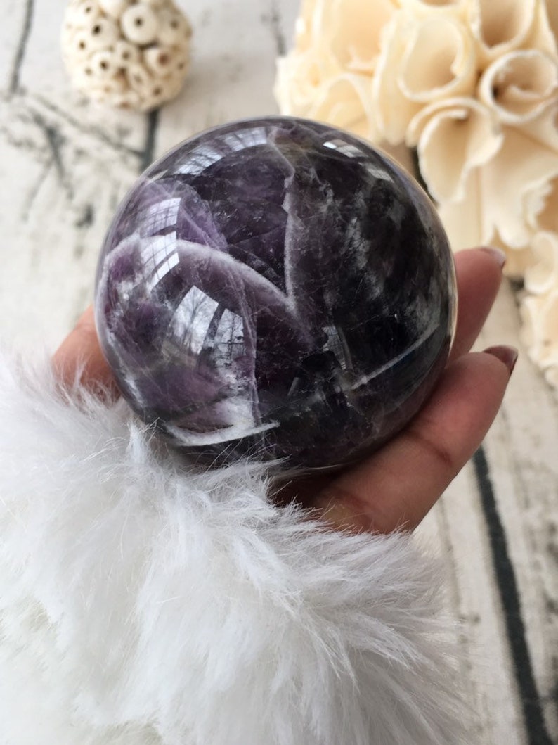 Dream Amethyst Crown Chakra Sphere Chevron Amethyst Sphere Crystal Shop Amethyst Crystal Sphere Whimsical Amethyst Sphere With Rainbows