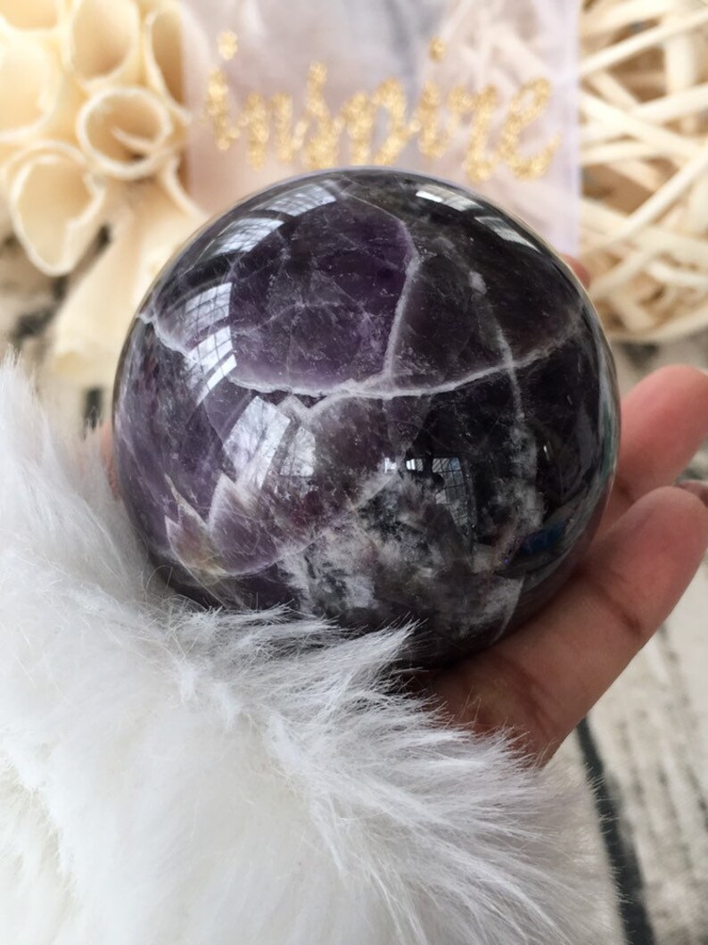 Dream Amethyst Crown Chakra Sphere Chevron Amethyst Sphere Crystal Shop Amethyst Crystal Sphere Whimsical Amethyst Sphere With Rainbows