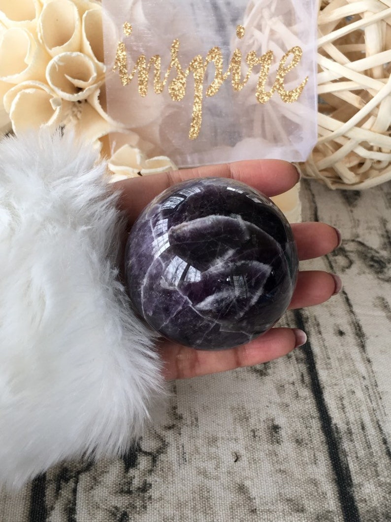 Dream Amethyst Crown Chakra Sphere Chevron Amethyst Sphere Crystal Shop Amethyst Crystal Sphere Whimsical Amethyst Sphere With Rainbows