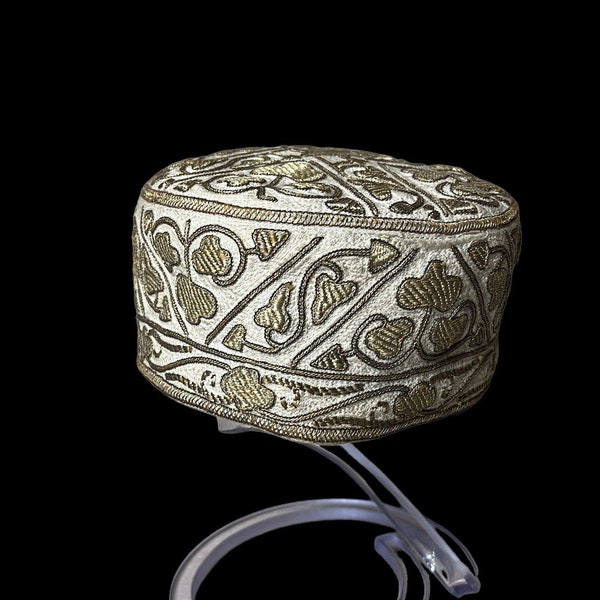 Antique 1800’s North African Skullcap, Skull Cap, Kofia, Gold Metallic Embroidery, Cream Woven Wool