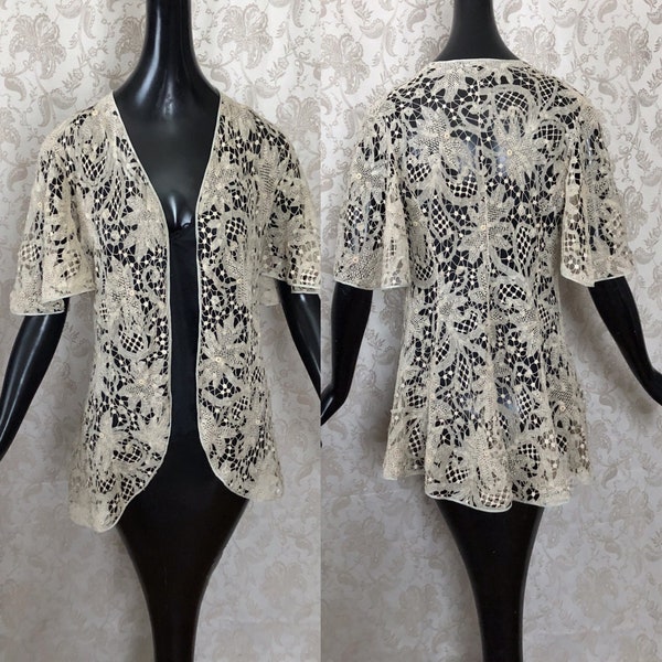 Antique Edwardian Tape Lace Jacket Coat Handmade Butterfly Sleeves Wedding Coat, Bridal Lace Jacket