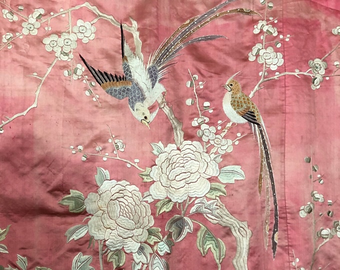 Antique Chinese Hand Embroidery Silk Satin Shawl, Wall Hanging