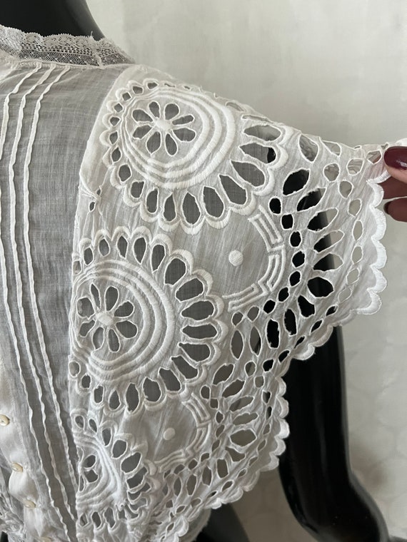 Antique Edwardian Lace Blouse, Embroidery, Openwo… - image 7
