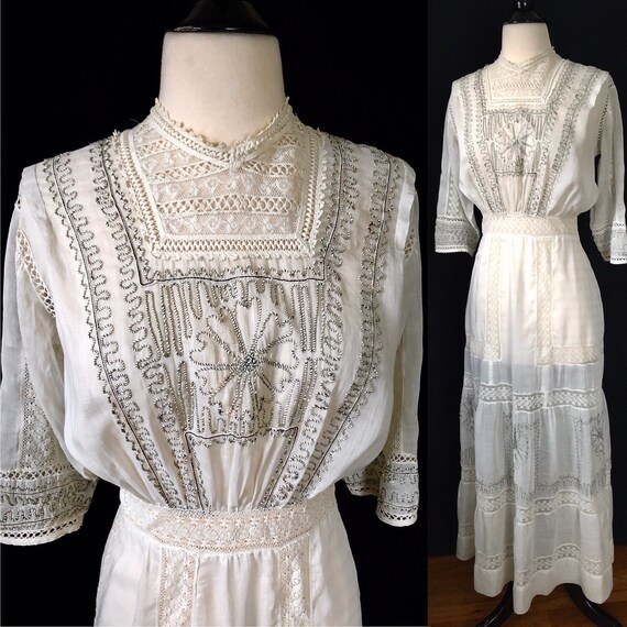 Antique Edwardian Lace Embroidered Dress, Lingerie