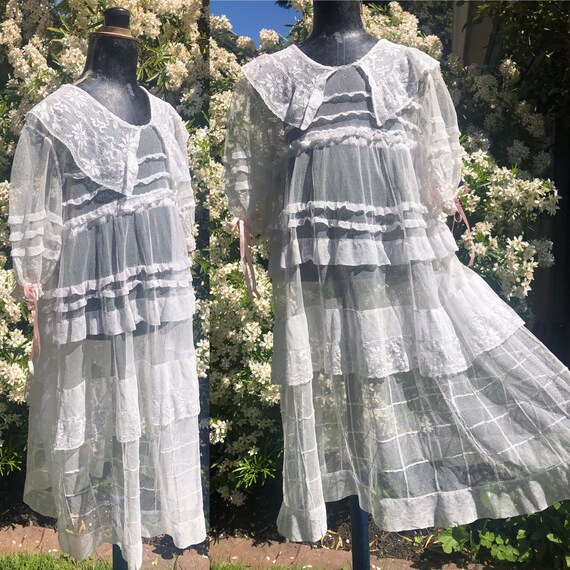 Antique Edwardian Girls Mixed Lace Net Dress Ruffl