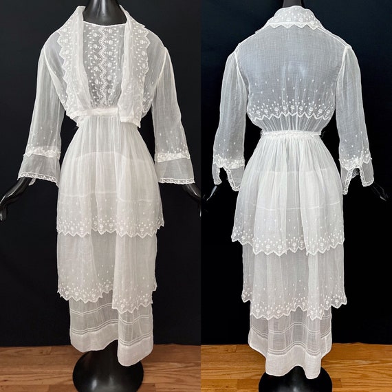 Antique Edwardian Lace Embroidered Tiered Organdy… - image 2