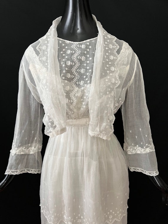 Antique Edwardian Lace Embroidered Tiered Organdy… - image 5