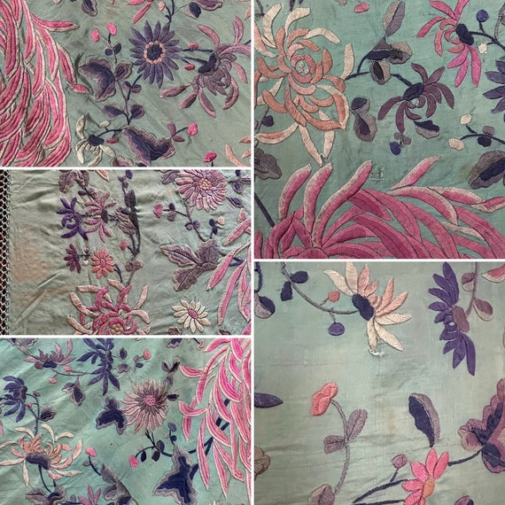 Antique 1920’s Hand Embroidered Silk Shawl, Piano… - image 10