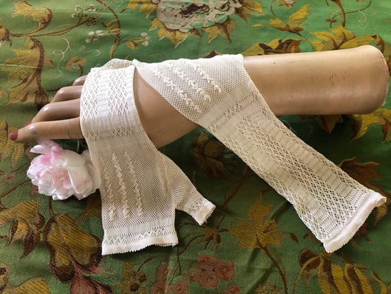 Antique 1800’s Silk Knit Mitts, Fingerless Gloves,