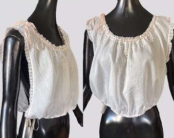 Antique Camisole Corset Cover White Cotton with Embroidery Silk Ribbon Ties, Vintage Lingerie, Edwardian Underclothes, Summer Top