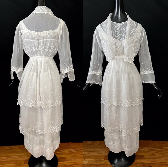 Antique Edwardian Lace Embroidered Tiered Organdy… - image 1