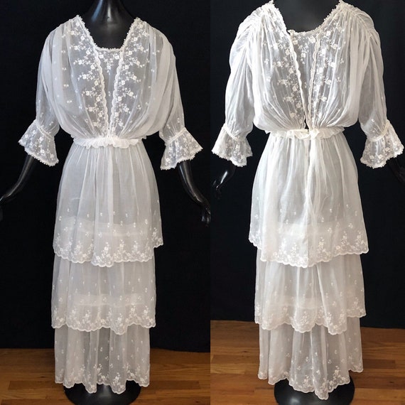 Antique Edwardian Embroidered Tiered Cotton Dress