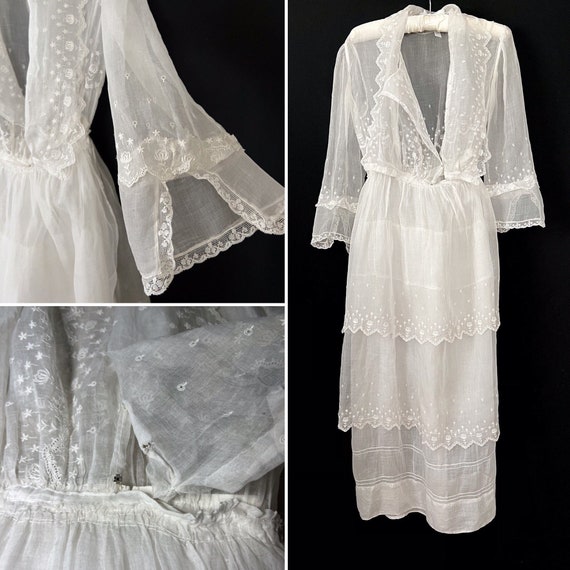 Antique Edwardian Lace Embroidered Tiered Organdy… - image 6