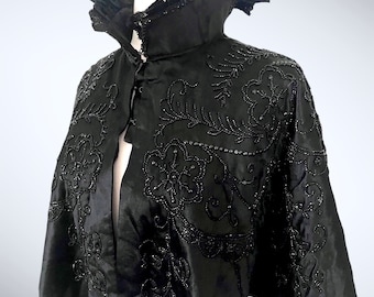 Antique Victorian Black Silk Satin Cape/Capelet, Jet Beading, High Neck Stand Up Collar, Victorian Costume