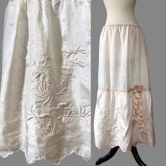 Antique 1920’s Silk Embroidered Slip/Skirt, Two-T… - image 1