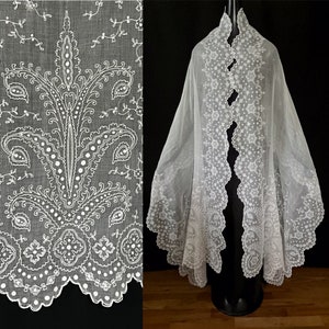 Antique 1850’s French Fine Sheer Muslin Hand Embroidered Tambour Stole/Shawl, Wedding Stole, Bridal Shawl, Chain Stitch, Scalloped