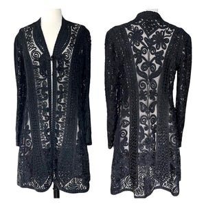 Antique Victorian Edwardian Black Silk Braided Lace Jacket with Tassels , Black Lace Jacket, Victorian Gothic, Coulter Los Angeles Label