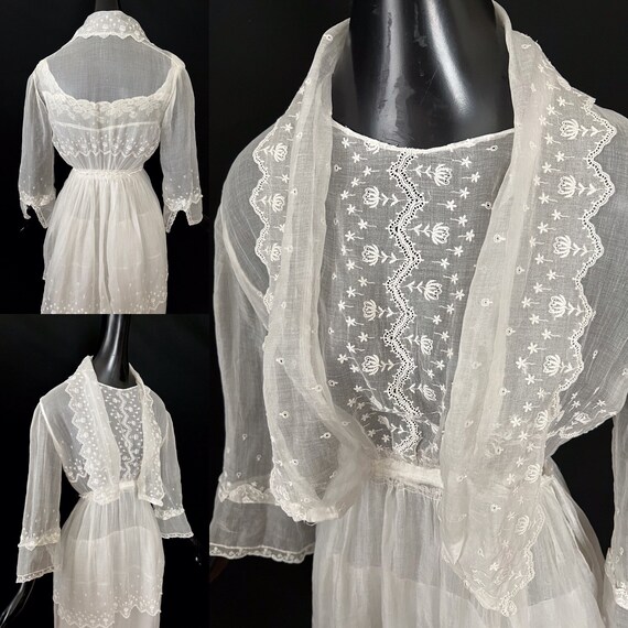 Antique Edwardian Lace Embroidered Tiered Organdy… - image 4