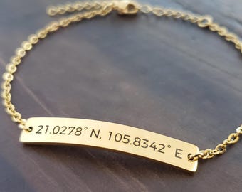 Personalized with Location, Date, Name Engraved High Quality Stainless Steel Gold Rose Gold Chain Bracelets, Gift For Her, Gift For Him