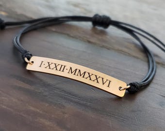 Personalized Location Date Name Adjustable Unisex Cord Bracelet, Stainless Steel, Gold Silver Rose Gold, Handwriting Drawing Logo Engraving