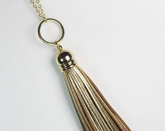 Genuine Leather Long Gold Tassel Necklace, Handmade Tassel Necklace, Layered Necklace, Mother's Day Gift, Graduation Gift