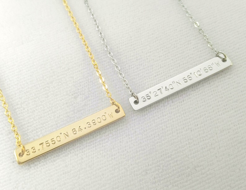 Custom Hand Stamped Gold Silver Coordinates Bar Necklace Etsy