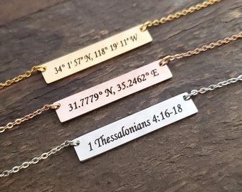 Personalized with handwriting, Location, Date, Name Engraved Necklace Custom High Quality Stainless Steel Gold Rose Gold Bar Necklace