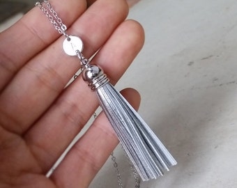 Genuine Leather Silver Tassel Necklace, Hand stamped Initial necklace, Personalized Necklace, Bohemian Tassel Necklace, Graduation Gift