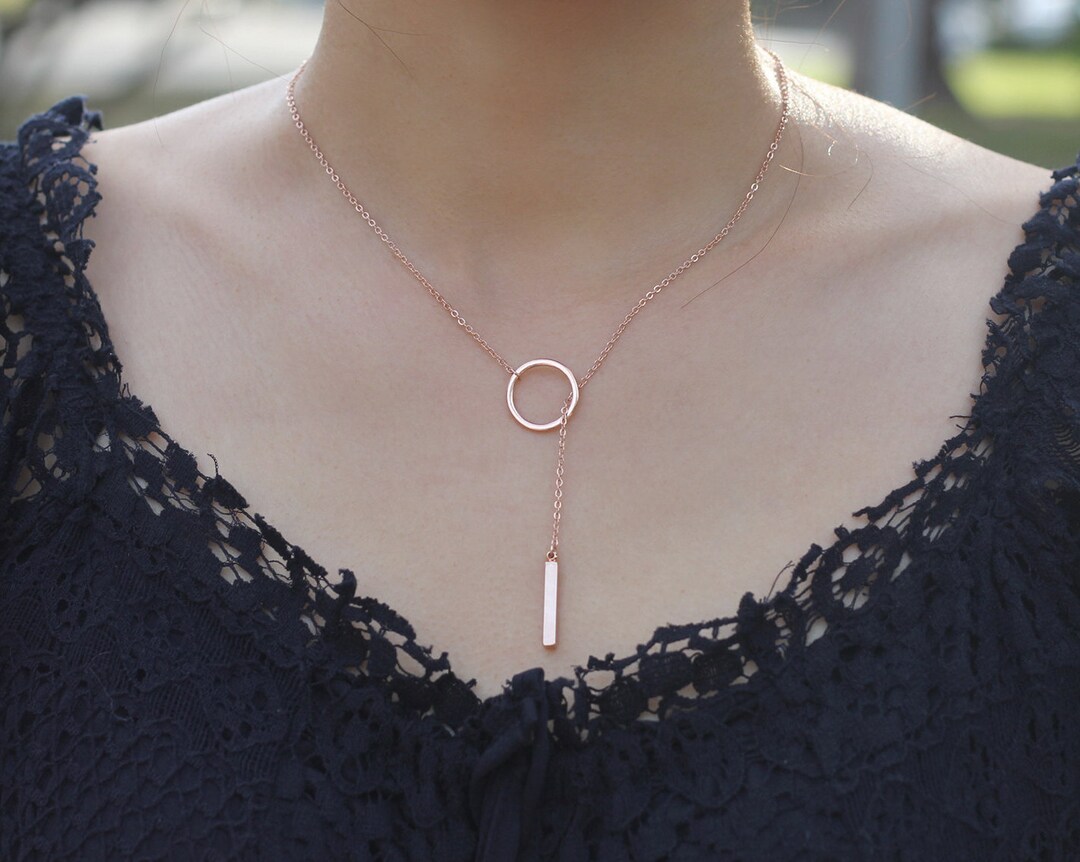 Rose Gold Drop Bar Necklace, Drop Ring Charm Necklace, Y Necklace, Rose