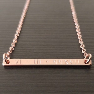Custom Dainty Rose Gold Roman Number Numeral Necklace, Personalized Date Bar Letter Nameplate Necklace Thin, Birthday Gift, Bridesmaid Gift