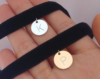 Personalized Delicate Disc Choker Necklace, Gold Silver Initial Necklace, Handmade Velvet Choker Necklace, Hand Stamped Letter Necklace
