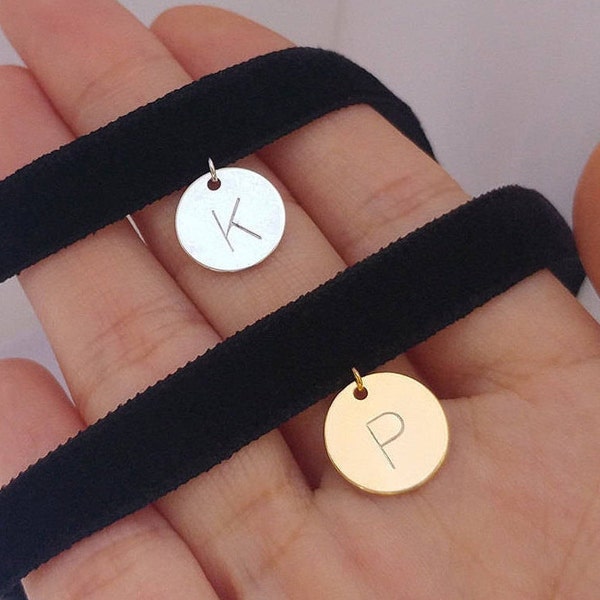 Personalized Delicate Disc Choker Necklace, Gold Silver Initial Necklace, Handmade Velvet Choker Necklace, Hand Stamped Letter Necklace