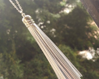 Genuine Leather Long Silver Tassel Necklace, Handmade tassel necklace, Long Silver Leather Tassel Necklace, Birthday gift, Mother's Day Gift