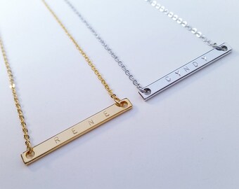 Custom Dainty Name Bar Necklace, Hand stamped Gold Silver bar Necklace, Bridesmaid Gift, Family Gift