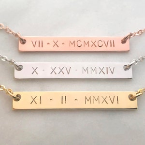 Custom Hand Stamped Gold Silver Roman Numeral Number Bar Necklace, Personalized Date Bar Nameplate Necklace, Birthday Gift, Bridesmaid gift