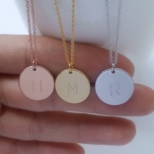 Personalized Initial Big Disc charm Necklace, Hand Stamped Gold, Silver, Rose Gold Custom Large Letter Circle, Monogram Coin Jewelry,