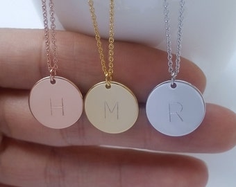 Personalized Initial Big Disc charm Necklace, Hand Stamped Gold, Silver, Rose Gold Custom Large Letter Circle, Monogram Coin Jewelry,