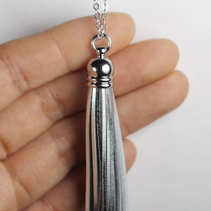 Genuine Leather Silver Tassel Necklace, Handmade Tassel necklace, Silver Leather Tassel Necklace, Mother&#39;s Day Gifts, Graduation Gift