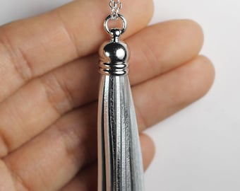 Genuine Leather Silver Tassel Necklace, Handmade Tassel necklace, Silver Leather Tassel Necklace, Mother&#39;s Day Gifts, Graduation Gift