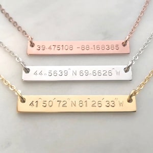 Custom Hand Stamped Gold Silver Coordinates Bar Necklace, Personalized Location GPS Latitude Longitude Letter, Wedding Gift,Anniversary Gift